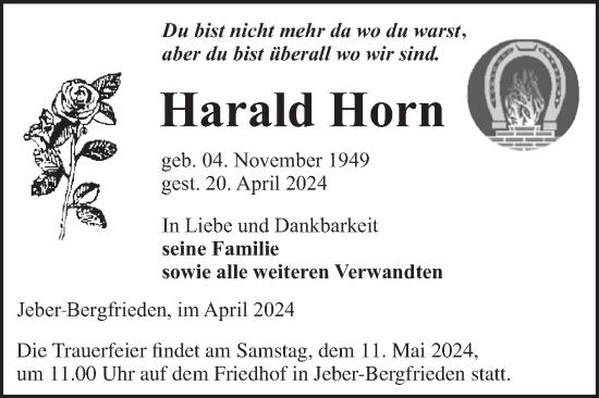 Traueranzeige von Harald Horn von Super Sonntag Wittenberg