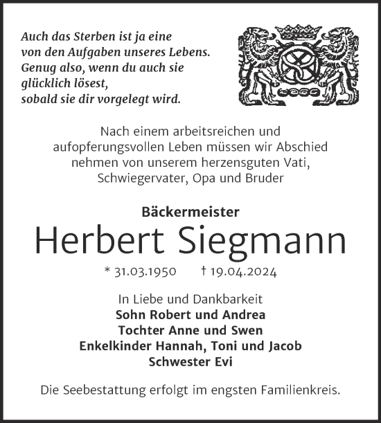 Traueranzeige von Herbert Siegmann von Trauerkombi Bernburg