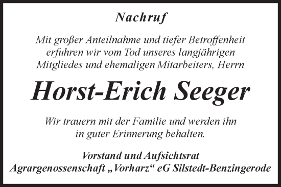 Traueranzeige von Horst-Erich Seeger von Volksstimme Wernigerode