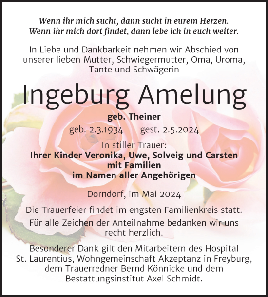 Traueranzeige von Ingeburg Amelung von Super Sonntag Naumburg/Nebra