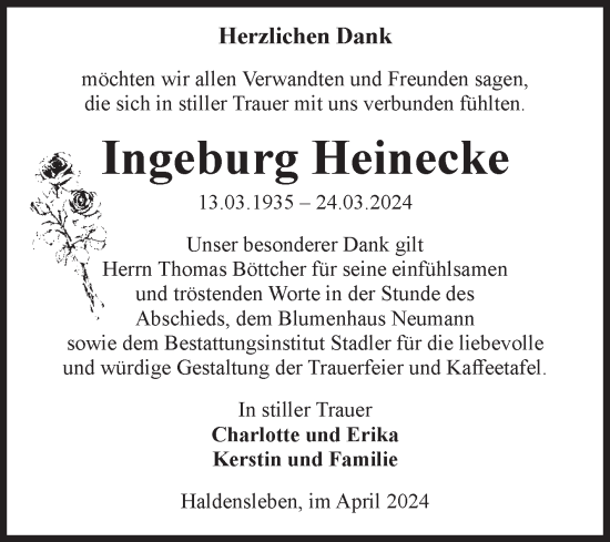 Traueranzeige von Ingeburg Heinecke von Volksstimme Haldensleben/Wolmirstedt