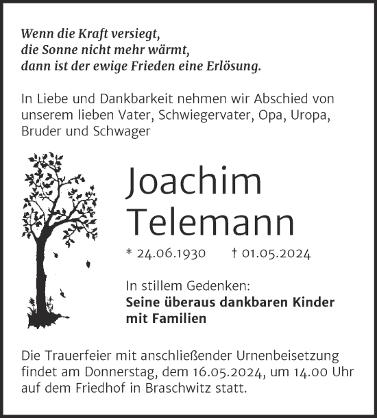 Traueranzeige von Joachim Telemann von Mitteldeutsche Zeitung Halle/Saalkreis