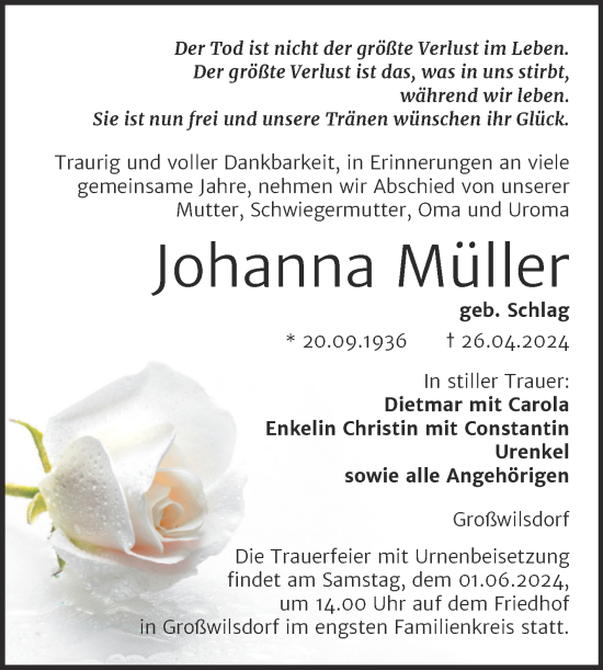 Traueranzeige von Johanna Müller von Naumburger Tageblatt
