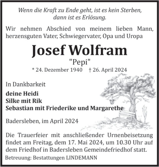 Traueranzeige von Josef Wolfram von Volksstimme Halberstadt