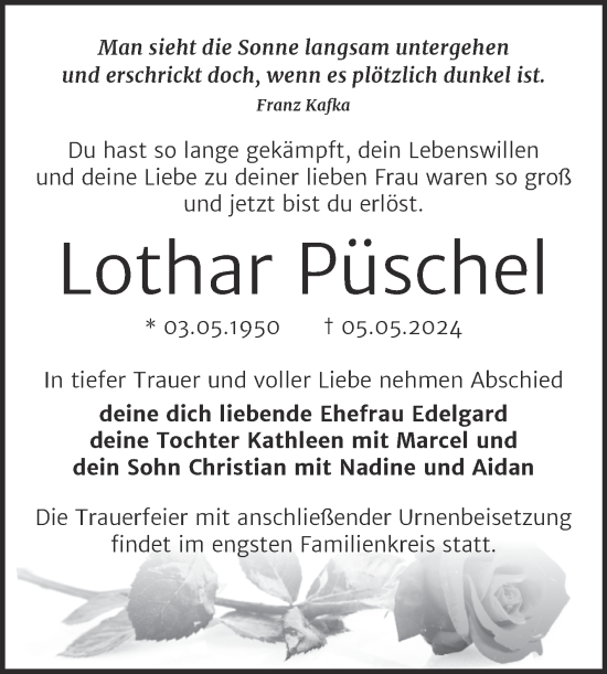 Traueranzeige von Lothar Püschel von Trauerkombi Wittenberg