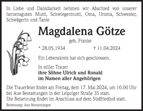 Traueranzeige von Magdalena Götze von Volksstimme Magdeburg