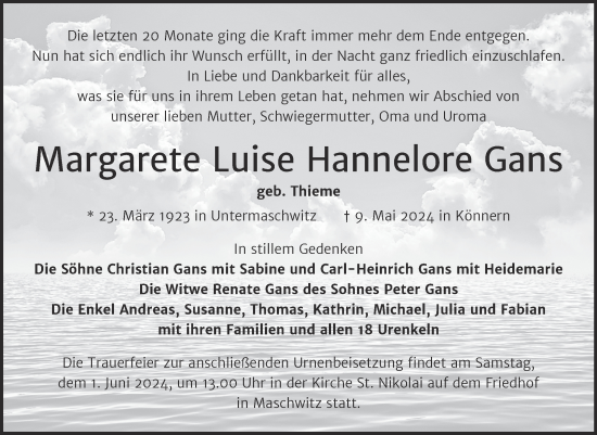 Traueranzeige von Margarete Luise Hannelore Gans von Mitteldeutsche Zeitung Halle/Saalkreis