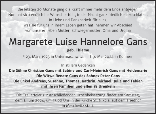 Traueranzeige von Margarete Luise Hannelore Gans von Mitteldeutsche Zeitung Bernburg