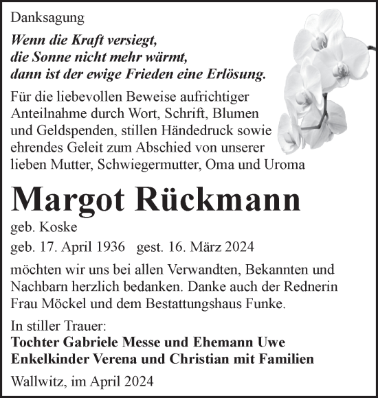 Traueranzeige von Margot Rückmann von Trauerkombi Wittenberg