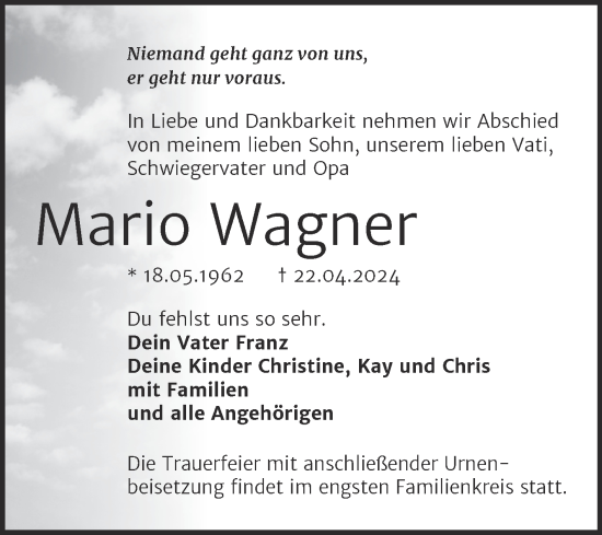 Traueranzeige von Mario Wagner von Trauerkombi Wittenberg