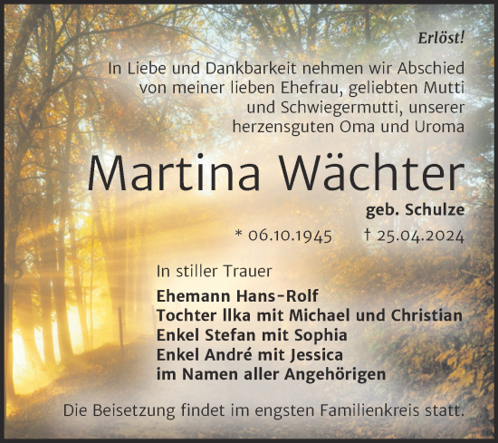Traueranzeige von Martina Wächter von Trauerkombi Wittenberg