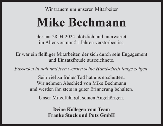 Traueranzeige von Mike Bechmann von Volksstimme Staßfurt