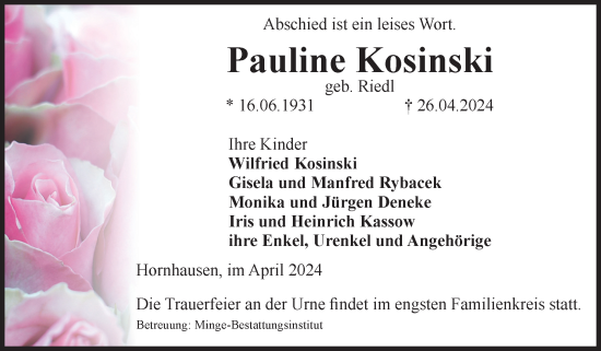 Traueranzeige von Pauline Kosinski von Volksstimme Oschersleben/Wanzleben