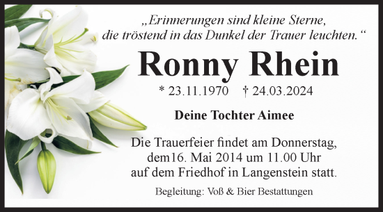 Traueranzeige von Ronny Rhein von Volksstimme Wernigerode