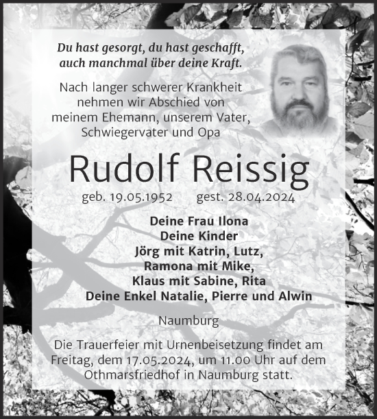 Traueranzeige von Rudolf Reissig von Super Sonntag Naumburg/Nebra