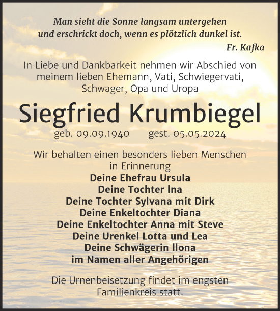 Traueranzeige von Siegfried Krumbiegel von Super Sonntag Zeitz