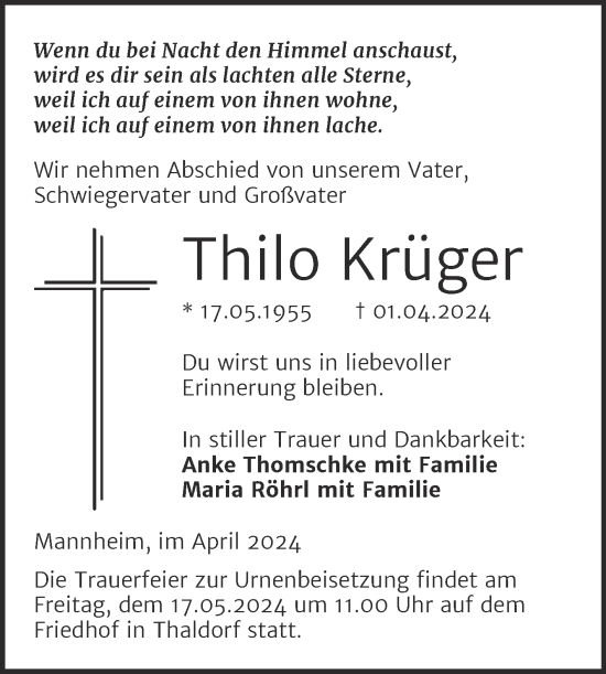 Traueranzeige von Thilo Krüger von Trauerkombi Bernburg