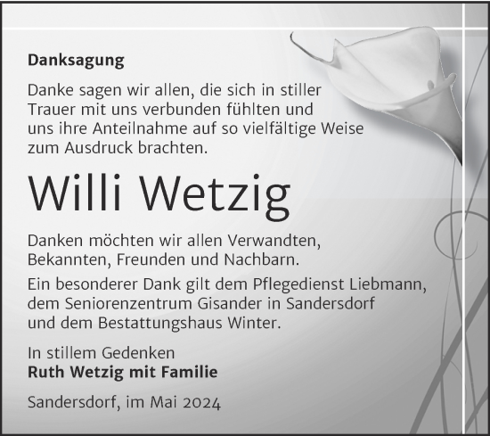 Traueranzeige von Willi Wetzig von Trauerkombi Bitterfeld