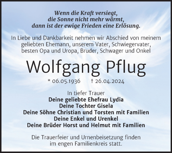 Traueranzeige von Wolfgang Pflug von Trauerkombi Wittenberg