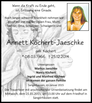 Traueranzeige von Annett Köchert-Jaeschke von Super Sonntag SGH Mansf. Land