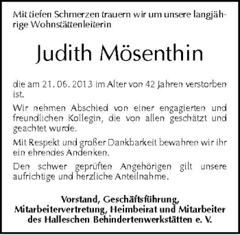 Traueranzeige von Judith Mösenthin von Mitteldeutsche Zeitung