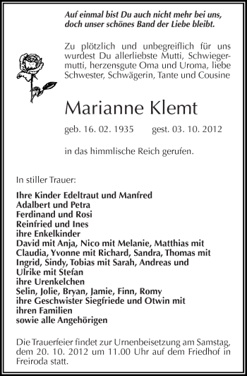Traueranzeige von Marianne Klemt von Mitteldeutsche Zeitung Naumburg/Nebra