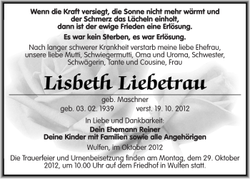 Traueranzeige von Lisbeth Liebetrau von Mitteldeutsche Zeitung Köthen