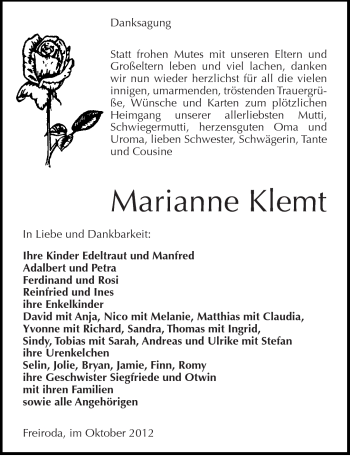 Traueranzeige von Marianne Klemt von Mitteldeutsche Zeitung Naumburg/Nebra