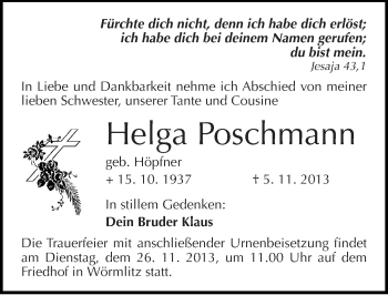 Traueranzeige von Helga Poschmann von Mitteldeutsche Zeitung