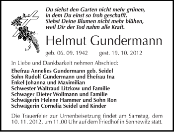 Traueranzeige von Helmut Gundermann von Mitteldeutsche Zeitung Halle/Saalkreis
