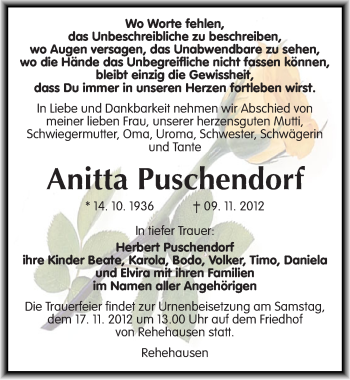Traueranzeige von Anitta Puschendorf von Mitteldeutsche Zeitung Naumburg/Nebra