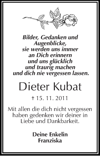 Traueranzeige von Dieter Kubat von Mitteldeutsche Zeitung Köthen