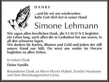 Traueranzeige von Simone Lehmann von Mitteldeutsche Zeitung Köthen
