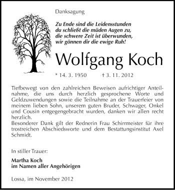 Traueranzeige von Wolfgang Koch von Mitteldeutsche Zeitung Naumburg/Nebra