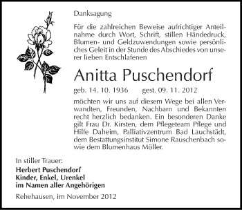 Traueranzeige von Anitta Puschendorf von Mitteldeutsche Zeitung Naumburg/Nebra