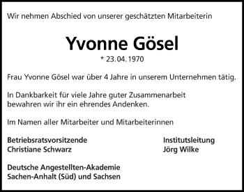 Traueranzeige von Yvonne Gösel von Mitteldeutsche Zeitung Naumburg/Nebra