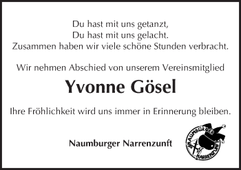 Traueranzeige von Yvonne Gösel von Mitteldeutsche Zeitung Naumburg/Nebra