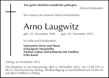 Traueranzeige von Arno Laugwitz von Mitteldeutsche Zeitung Bitterfeld
