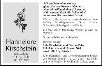Traueranzeige von Hannelore Kirschstein von Mitteldeutsche Zeitung Köthen