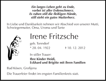 Traueranzeige von Irene Fritzsche von Mitteldeutsche Zeitung Naumburg/Nebra