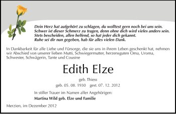 Traueranzeige von Edith Elze von Mitteldeutsche Zeitung Köthen