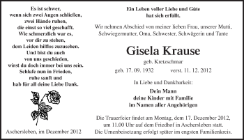 Traueranzeige von Gisela Krause von Mitteldeutsche Zeitung Aschersleben