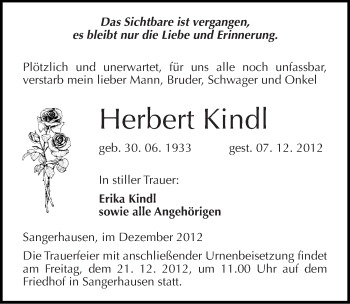 Traueranzeige von Herbert Kindl von Mitteldeutsche Zeitung Sangerhausen