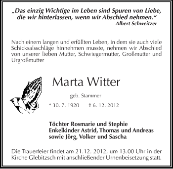 Traueranzeige von Marta Witter von Mitteldeutsche Zeitung Bitterfeld
