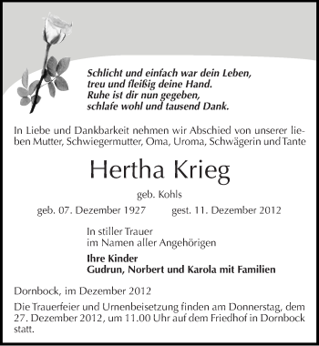 Traueranzeige von Hertha Krieg von Mitteldeutsche Zeitung Köthen