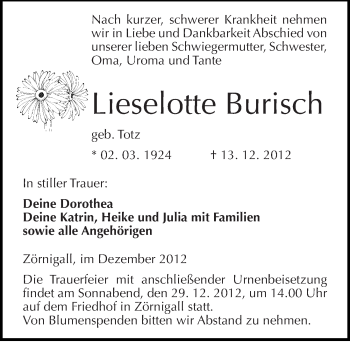Traueranzeige von Lieselotte Burisch von Mitteldeutsche Zeitung Wittenberg
