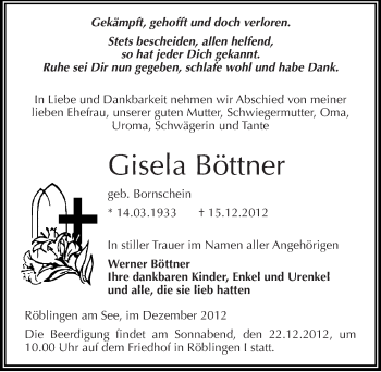 Traueranzeige von Gisela Böttner von Mitteldeutsche Zeitung Mansfelder Land