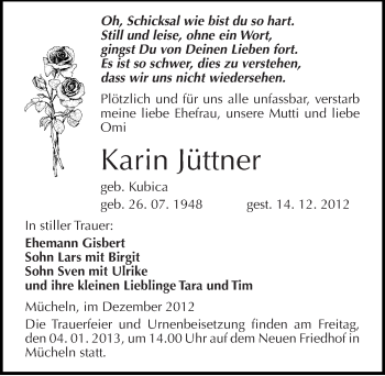 Traueranzeige von Karin Jüttner von Mitteldeutsche Zeitung Merseburg/Querfurt