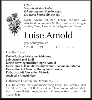 Traueranzeige von Luise Arnold von Mitteldeutsche Zeitung Halle/Saalkreis