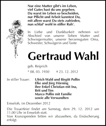 Traueranzeige von Gertraud Wahl von Mitteldeutsche Zeitung Sangerhausen